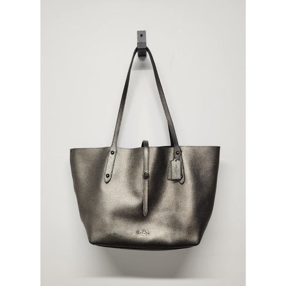 Coach Market Large Gunmetal/Silver/Black Polished Pebble Leather Tote Bag Used - Picture 1 of 14